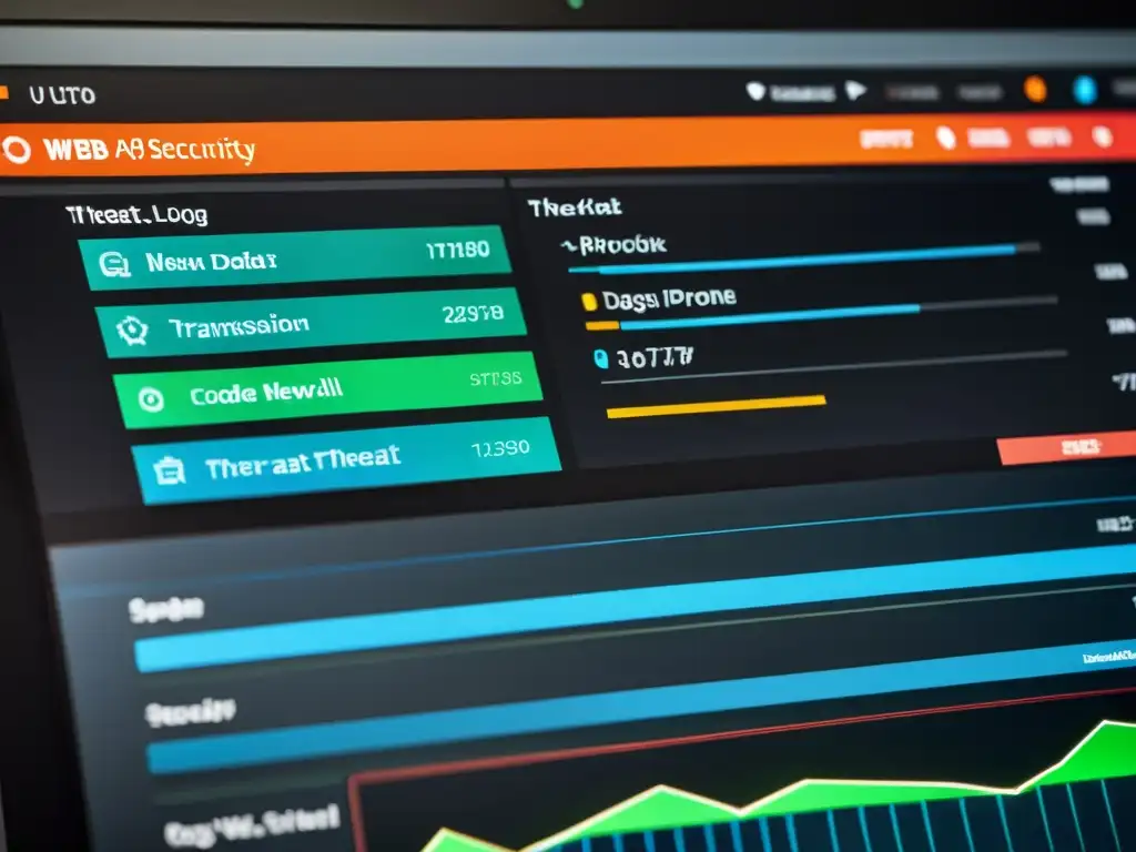 Detalle de tablero seguridad aplicaciones web con detección de amenazas en tiempo real, registros de firewall y transmisión de datos encriptados