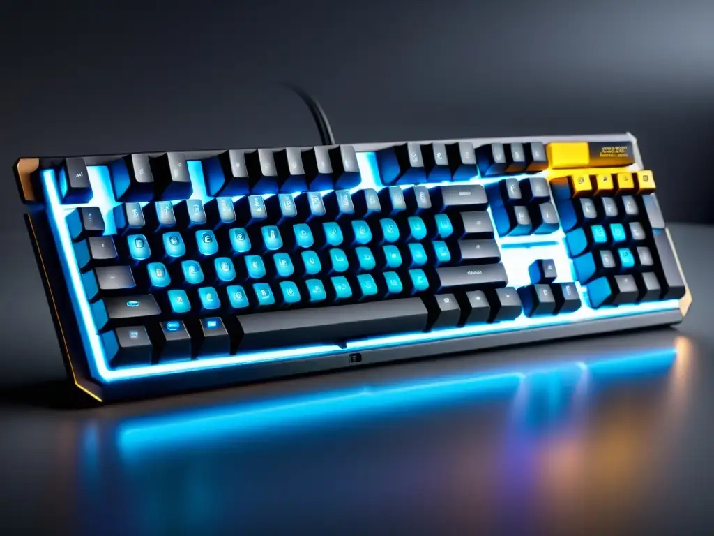 Teclado mecánico personalizable de alta resolución Detalle de teclado mecánico de hardware libre, personalizable y modular, con iluminación RGB programable en un entorno moderno y elegante