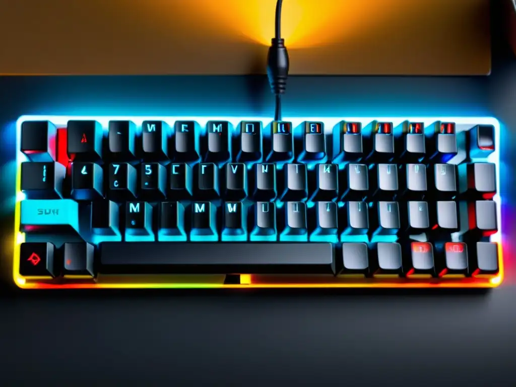 Teclado mecánico personalizado de hardware libre: diseño vibrante y preciso Detalle de un teclado mecánico personalizado con hardware libre, diseño moderno y teclas retroiluminadas