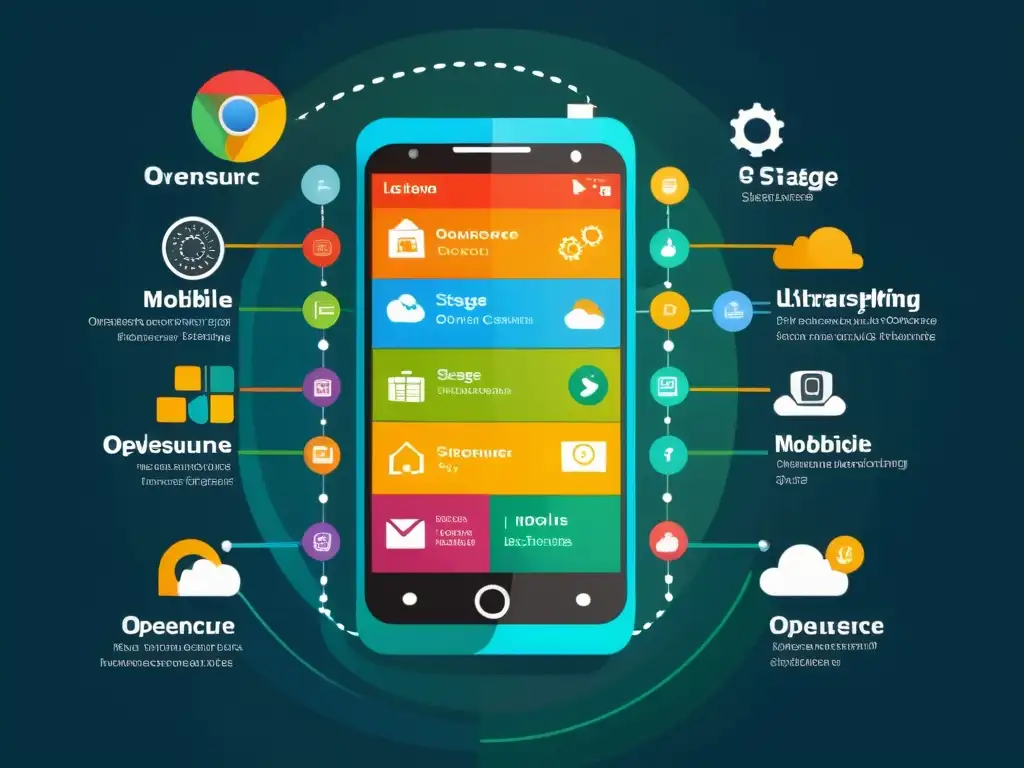 Detalle de un teléfono móvil mostrando el ciclo de vida de un sistema operativo móvil de código abierto, con gráficos vibrantes y elementos modernos