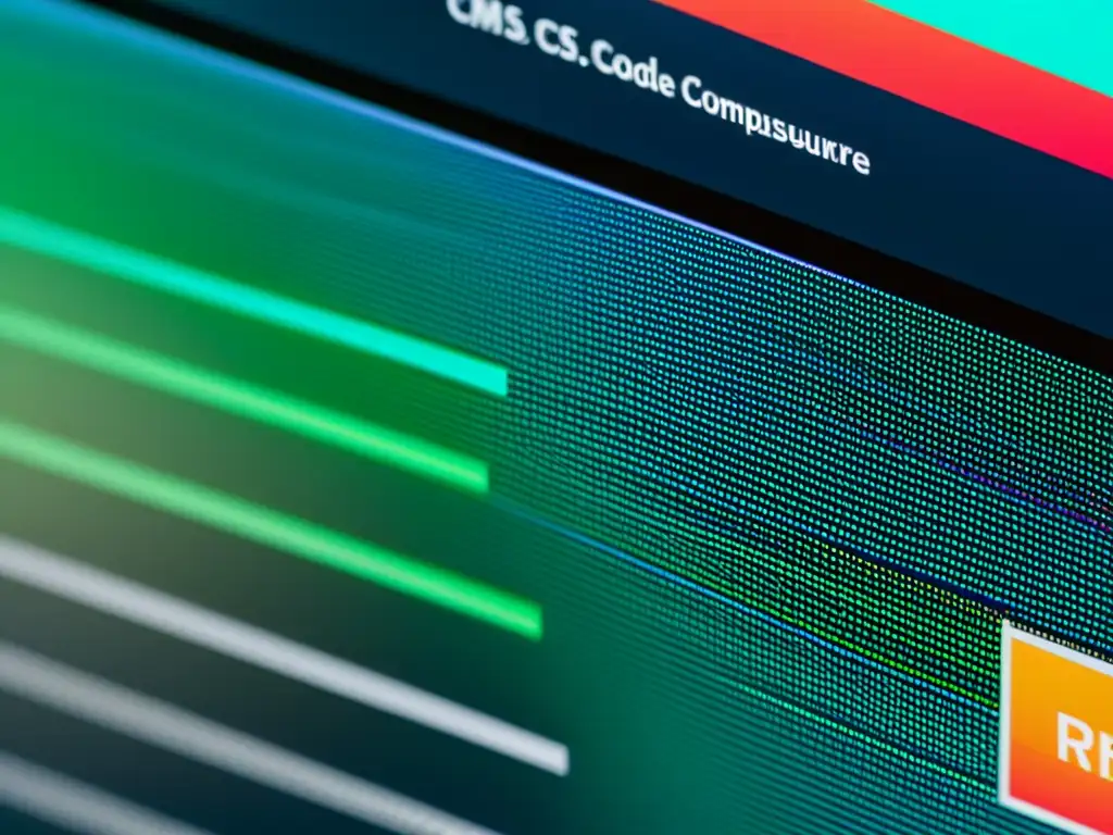 Detalle ultradetallado de código colorido en pantalla de ordenador, simbolizando la sofisticación y actualizaciones continuas CMS Open Source