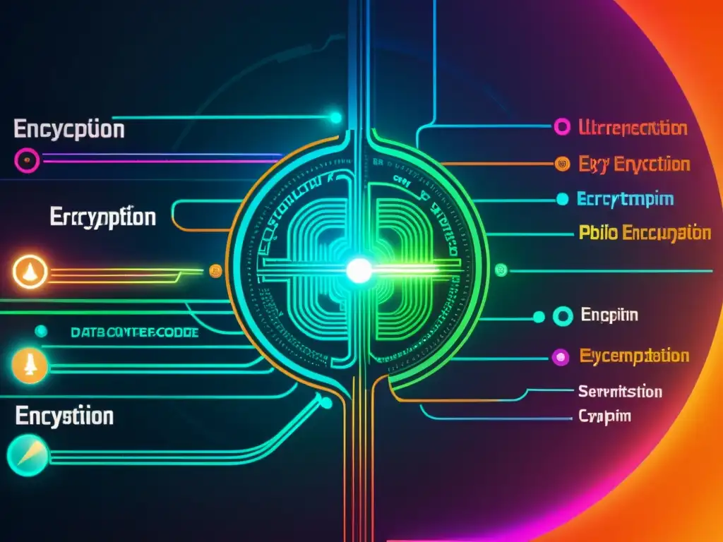 Detalle ultradetallado de un diagrama de algoritmo de encriptación moderno, con patrones intrincados y rutas codificadas por colores que representan procesos de encriptación y desencriptación
