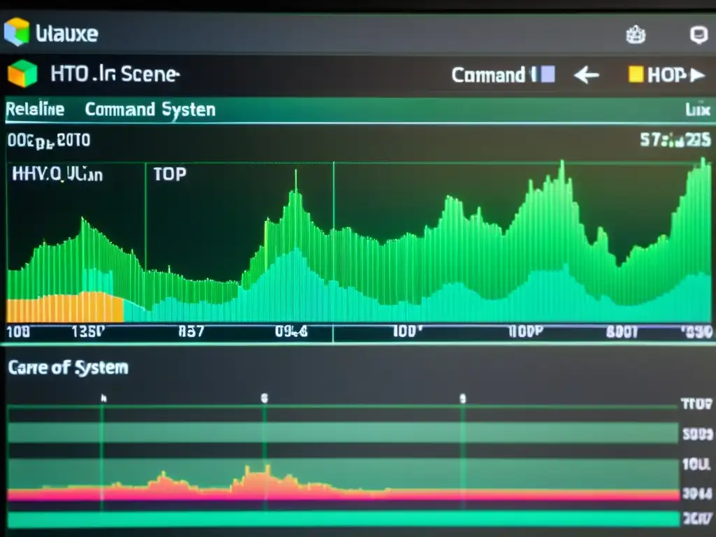 Detalle ultradetallado de pantalla de ordenador con interfaz de línea de comandos y herramientas de monitorización para mejorar rendimiento en Linux