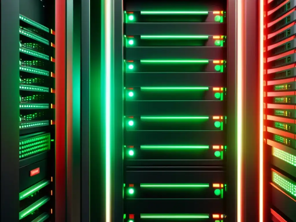 Detalle ultradetallado de un rack de servidores web con luces verdes y rojas parpadeantes, creando un ambiente futurista y tecnológico