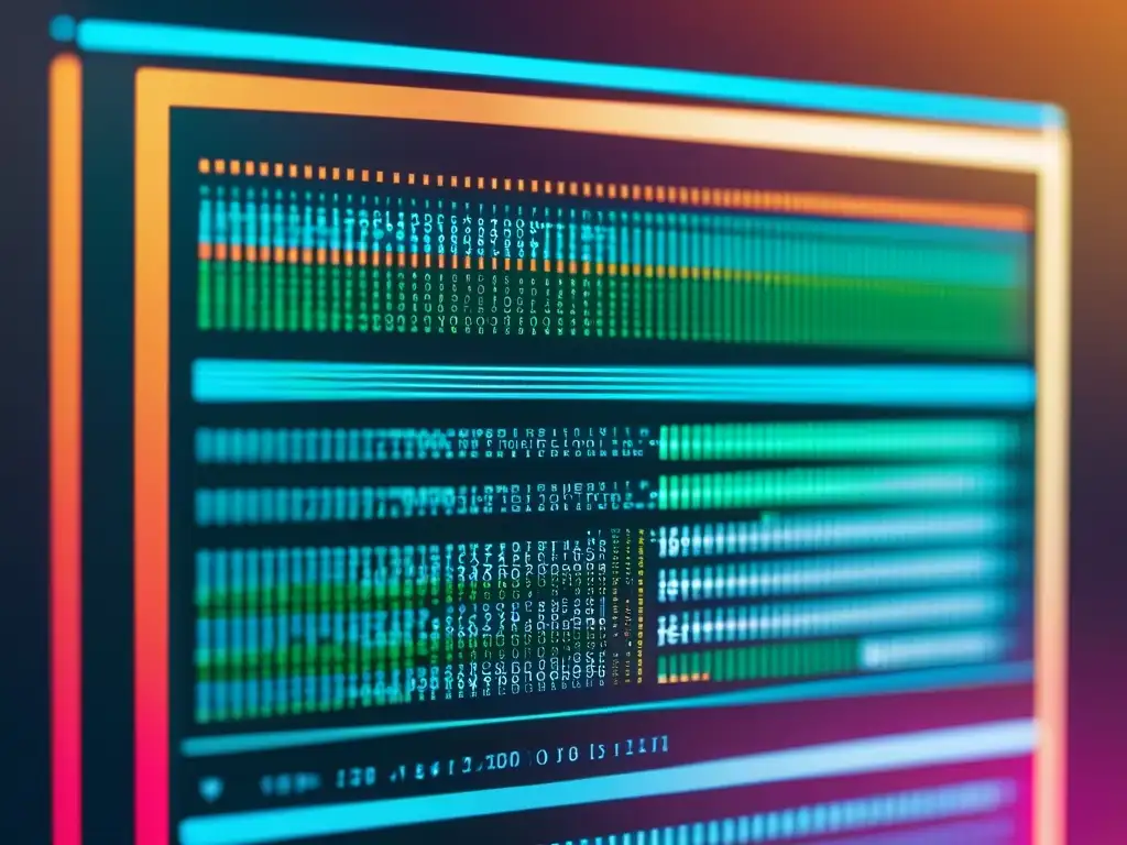 Detalle ultramoderno de un monitor con líneas de código vibrantes y elegantes, afinar reglas IDS código abierto
