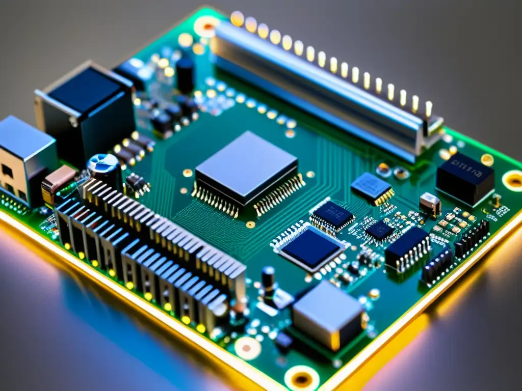 Detalle ultrapreciso de una placa de desarrollo de hardware de código abierto para sistemas embebidos, con circuitos y microchips