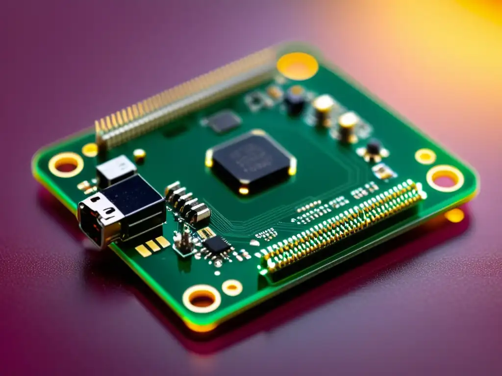 Raspberry Pi Zero: Detalles de alta tecnología Detalle ultrapreciso de placa Raspberry Pi Zero, con diseño moderno y tecnología avanzada