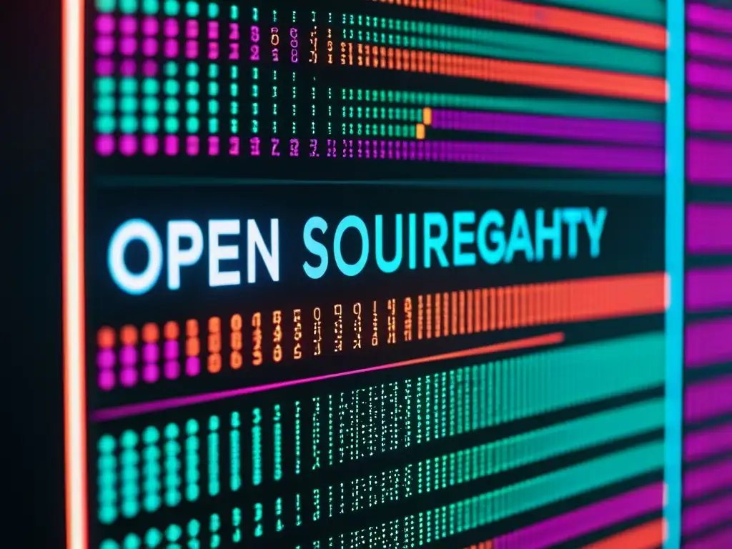 Detalle ultrarrealista de código de criptografía open source con colores vibrantes y gráficos futuristas, transmitiendo seguridad y modernidad