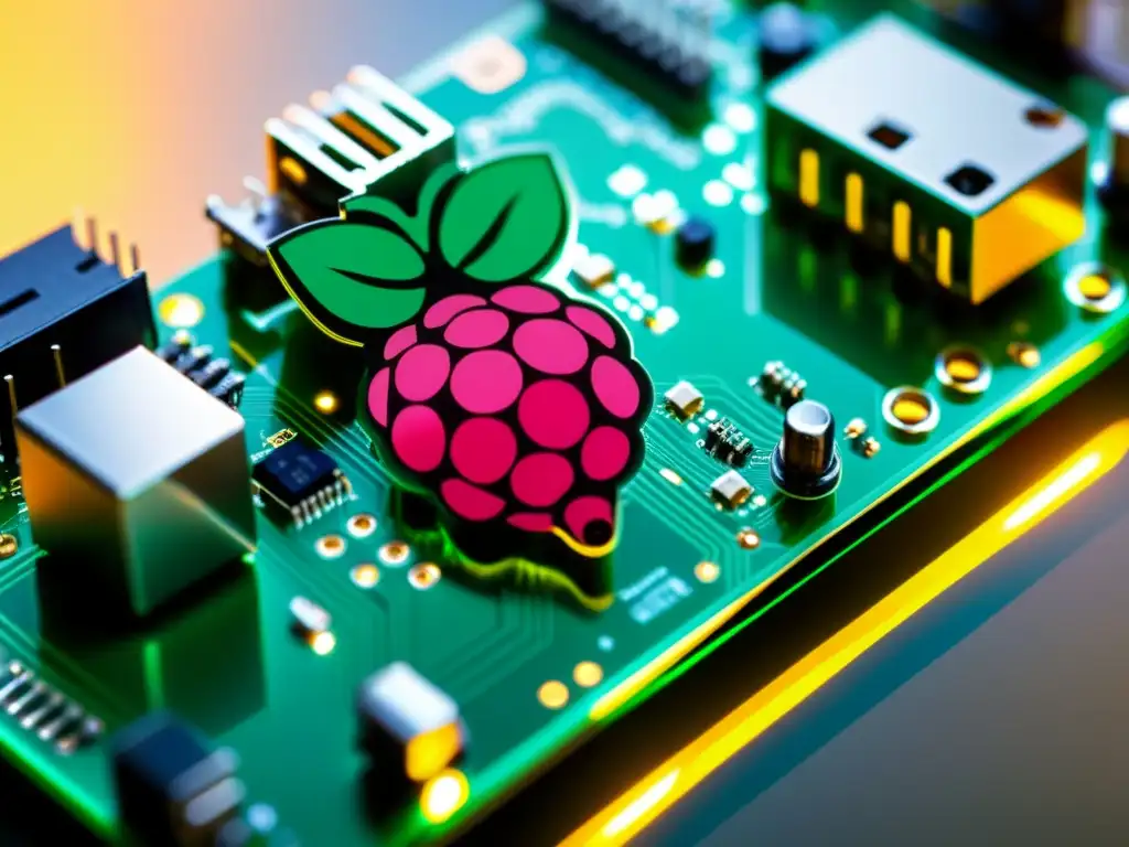 Detalle ultrarrevelador de placa de circuito Raspberry Pi en un moderno entorno, resaltando su diseño sofisticado