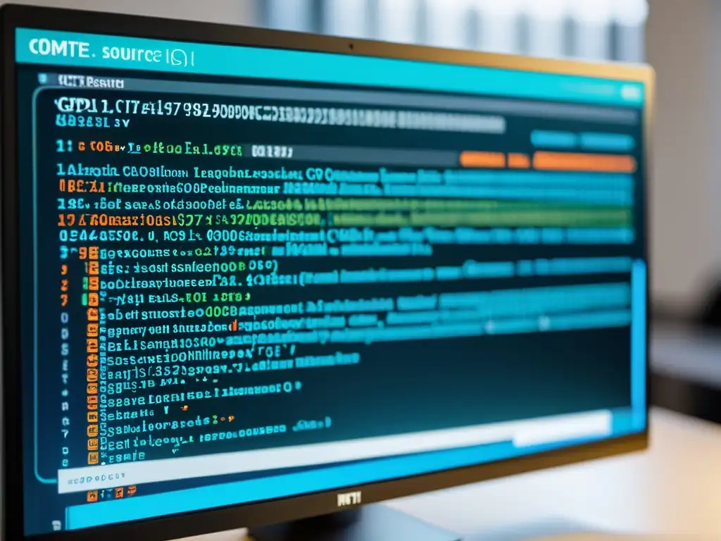 Detalle vibrante de código de licencias de software en pantalla de computadora, rodeado de un ambiente profesional y contemporáneo