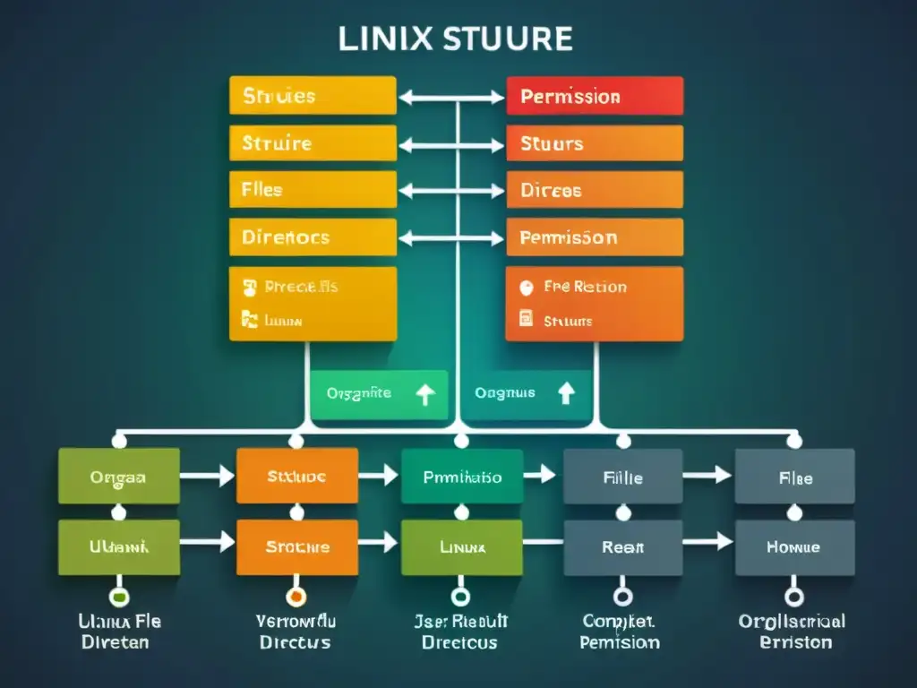 Detalle vibrante del diagrama del sistema de archivos en Linux, mostrando su compleja estructura jerárquica y organización