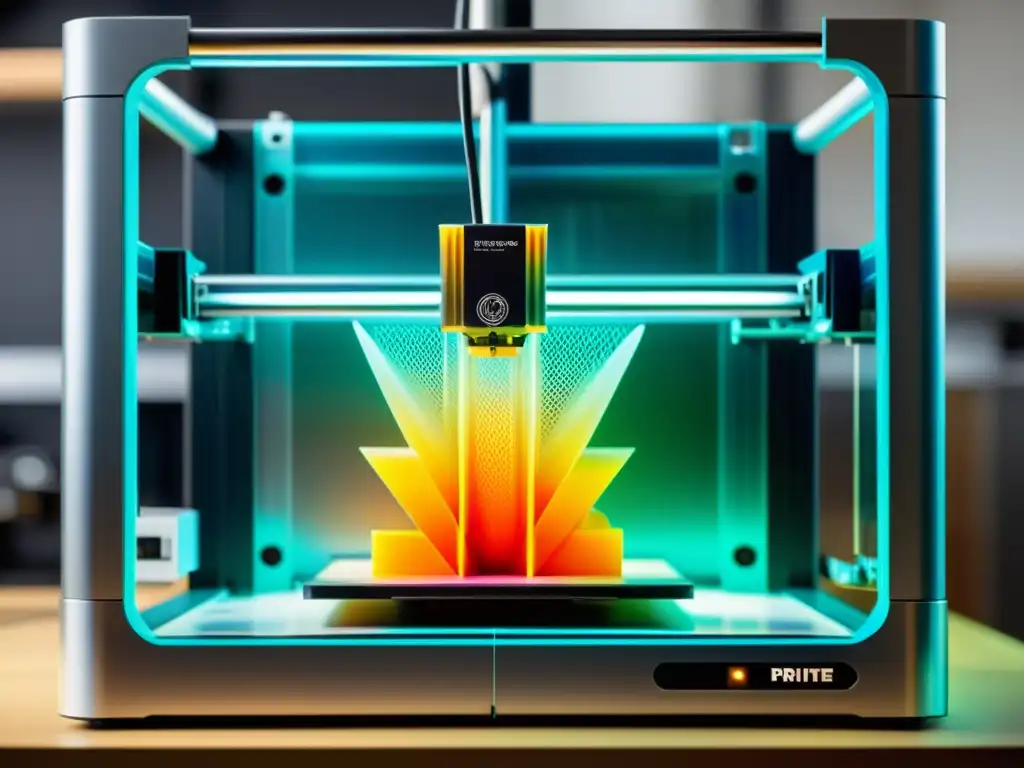 Detalle vibrante de impresora 3D en acción, creando una estructura geométrica compleja con precisión