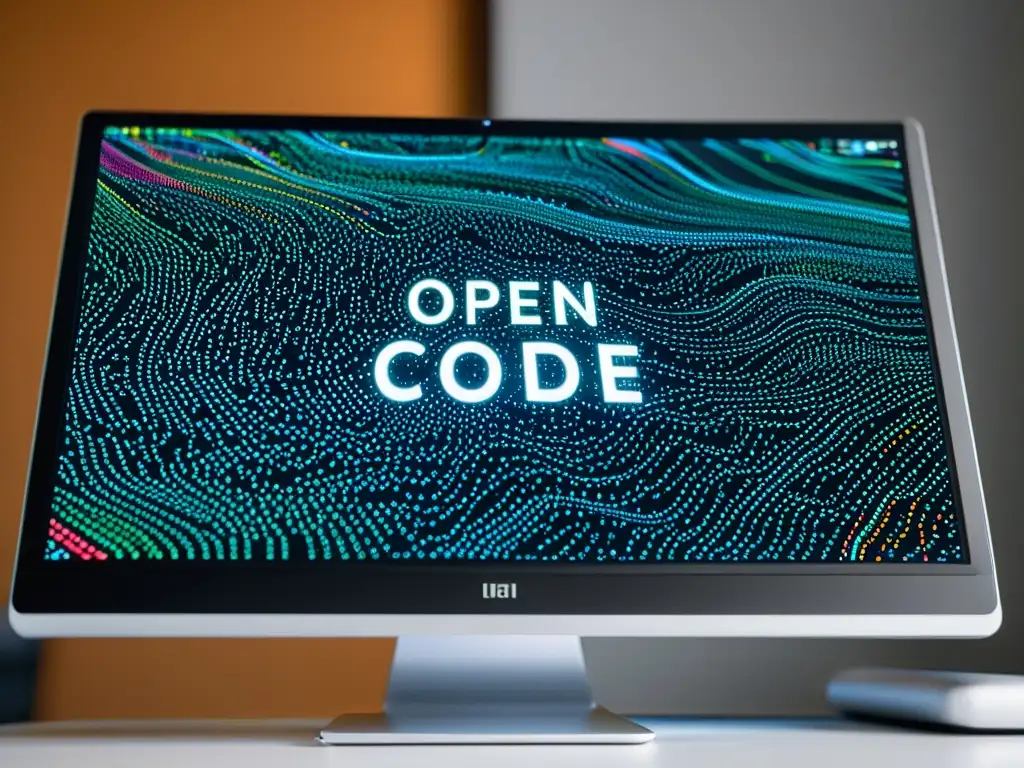 Detalle vibrante de pantalla con código abierto de aprendizaje profundo y complejidad legal, en un entorno profesional