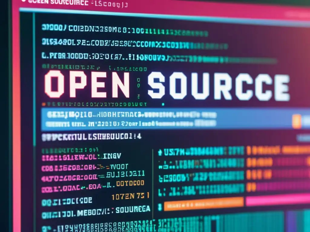 Detalle vibrante de pantalla con código abierto y logos de software, captando la esencia de 'Entendiendo licencias de código abierto'