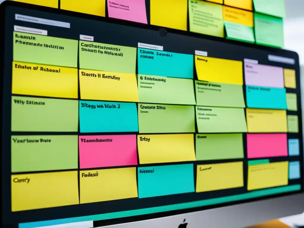 Detalle vibrante del tablero Kanban digital de Wekan, con coloridas notas adhesivas organizadas para mejorar la productividad