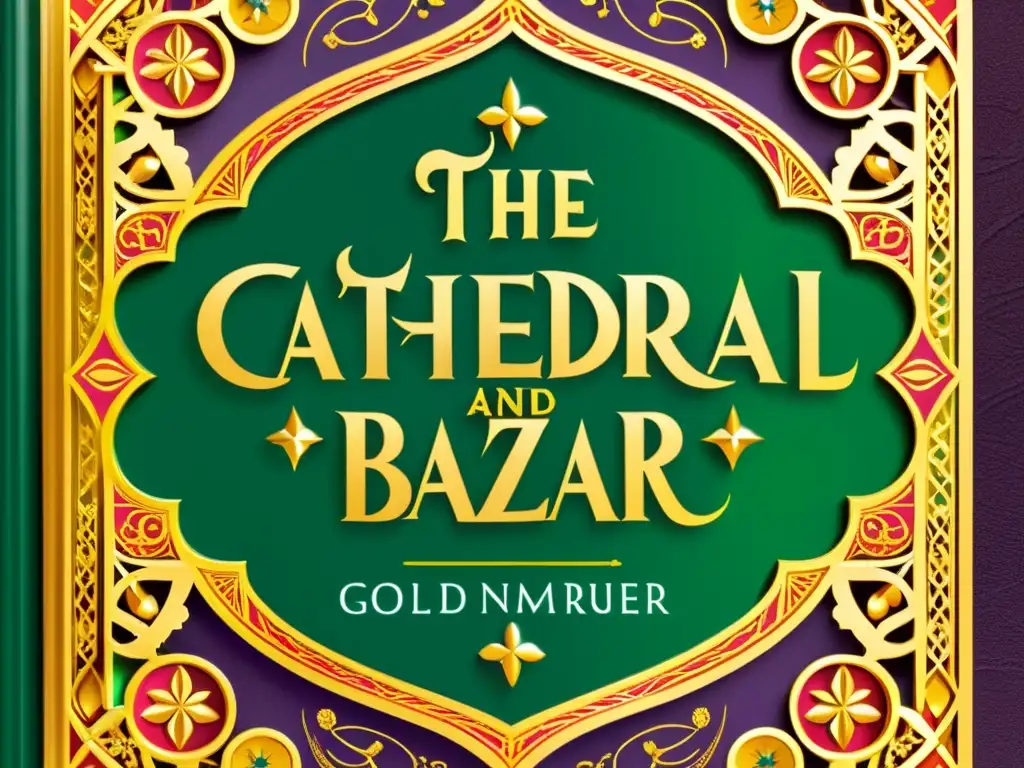 Detalles intrincados y contrastes vibrantes en la portada de 'The Cathedral and the Bazaar', libro de críticas sobre software de código abierto