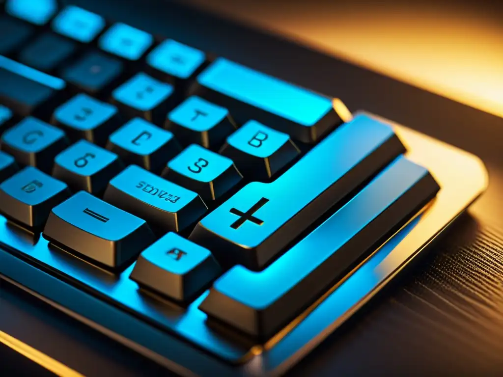 Detalles intrincados de un teclado moderno con iluminación suave, resaltando símbolos y letras