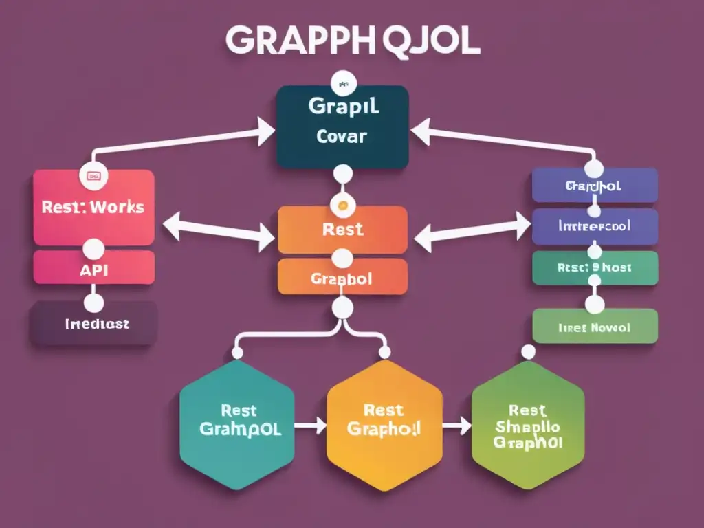 Un diagrama detallado y moderno de GraphQL, con nodos interconectados y etiquetas claras que ilustran las ventajas de usar GraphQL sobre REST