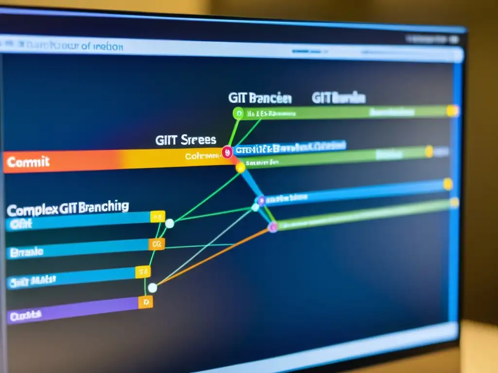 Un diagrama de ramificación Git detallado, vibrante y moderno con múltiples ramas, fusiones y puntos de confirmación