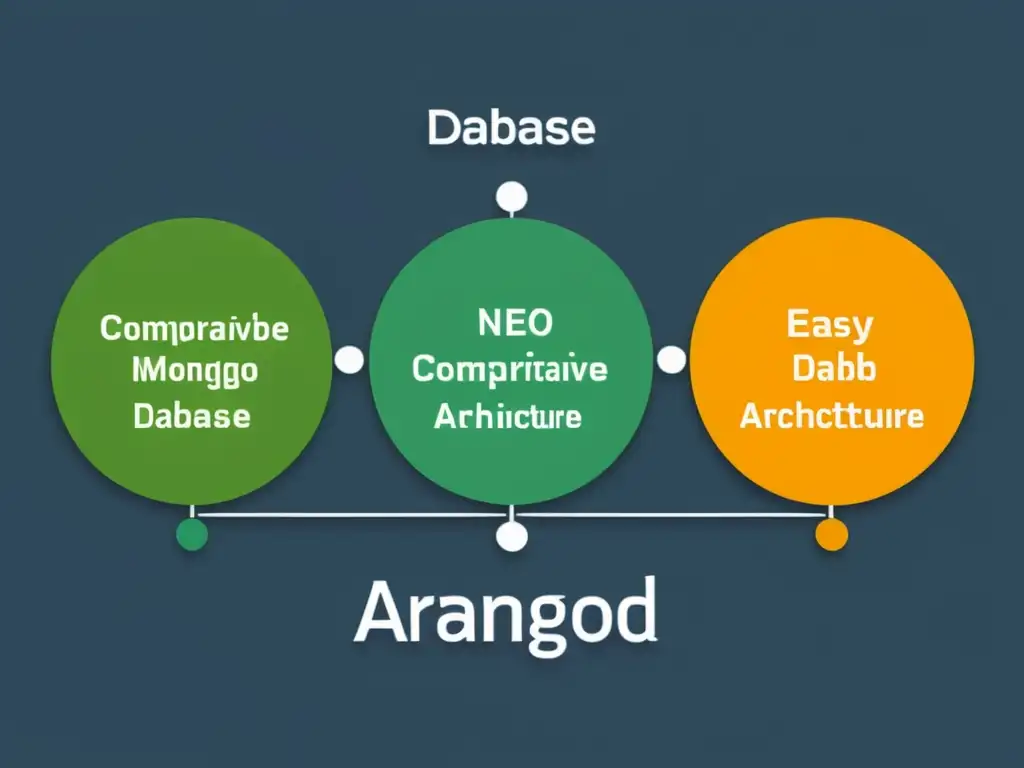 Diagrama elegante y detallado de ArangoDB, MongoDB y Neo4j, resaltando las ventajas de ArangoDB en bases de datos