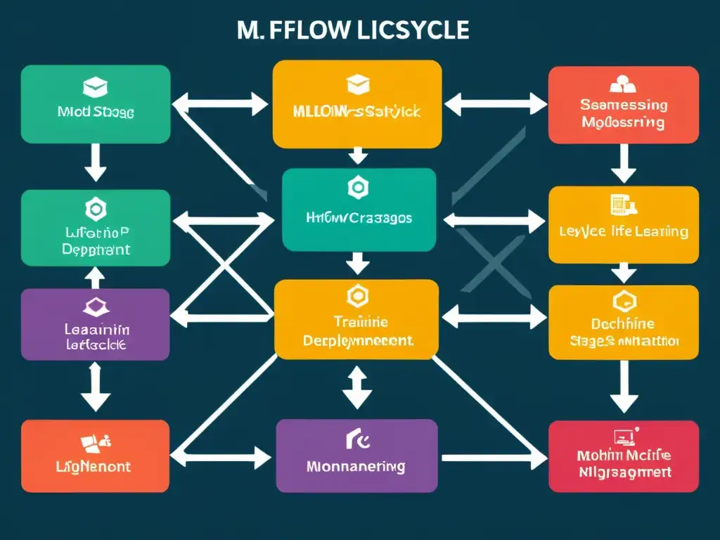 Un diagrama de flujo moderno y detallado que representa el ciclo de vida de MLflow para modelos de aprendizaje automático, con nodos coloridos e interconectados que muestran las diferentes etapas, desde la recolección de datos y preprocesamiento hasta el entrenamiento, despliegue y monitoreo del