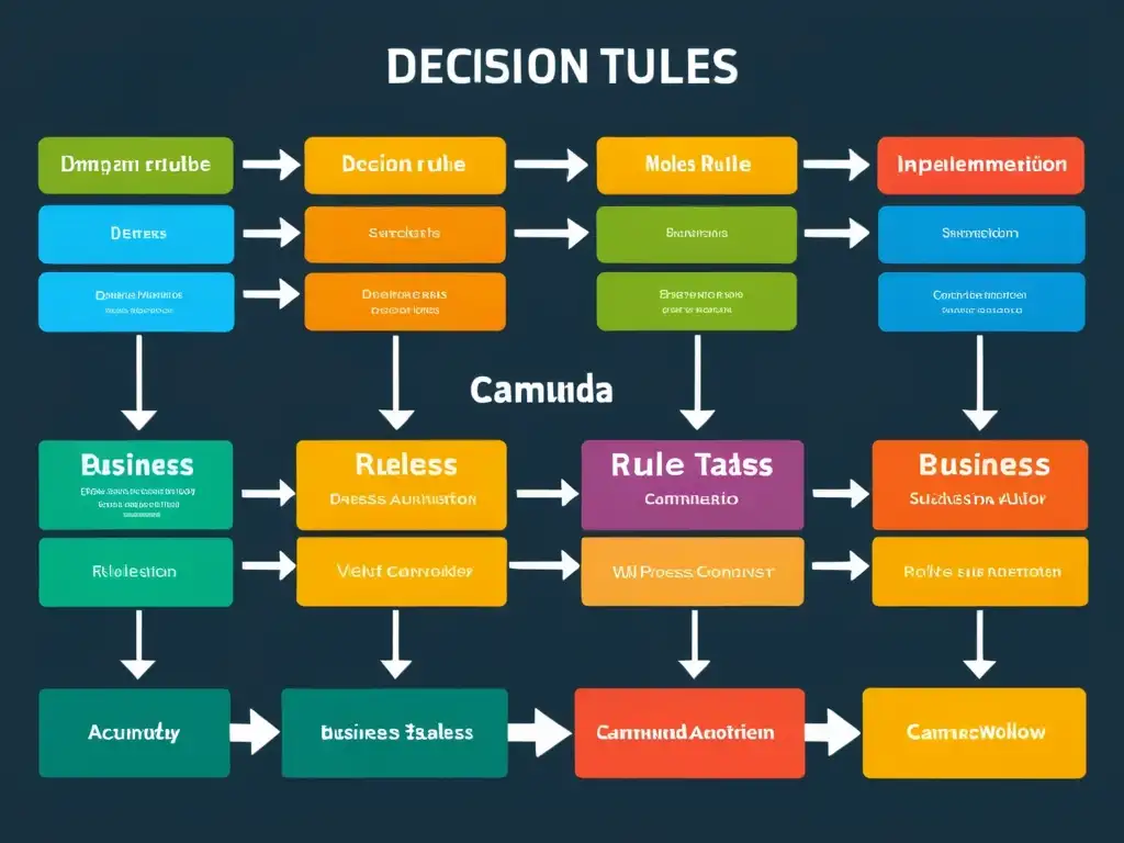 Diagrama de flujo moderno con elementos DMN y automatización de procesos de negocio con Camunda, transmitiendo eficiencia y optimización