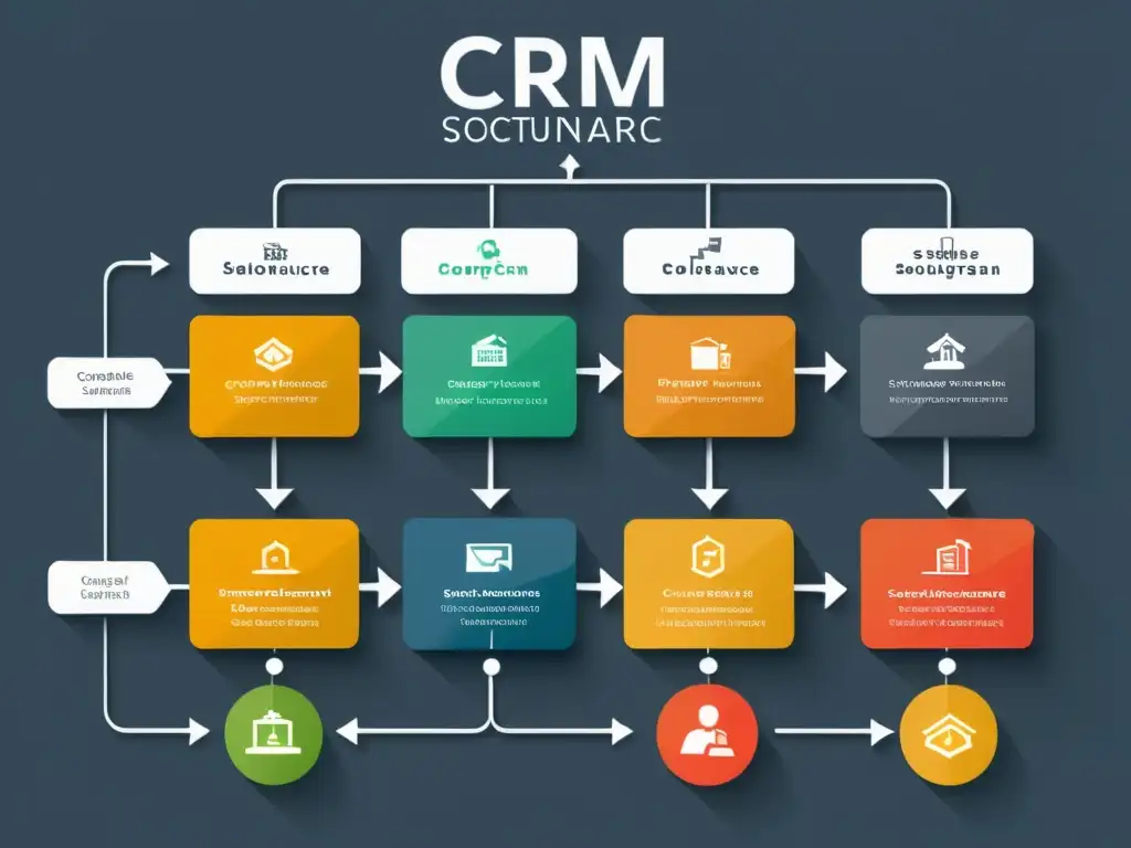 Un diagrama de flujo de alta resolución que muestra el ciclo de vida del software CRM de código abierto, con diseño minimalista y colores sofisticados