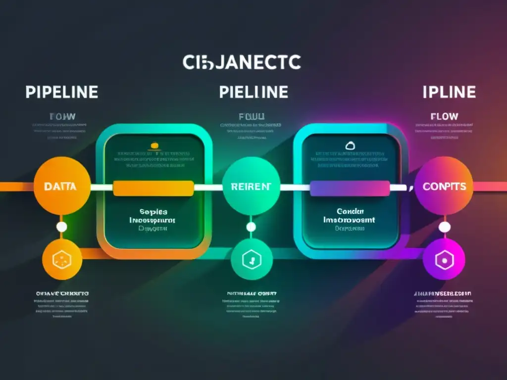 Diagrama futurista de una red de pipelines CI/CD GoCD con nodos interconectados y flujo de datos, transmitiendo eficiencia e innovación