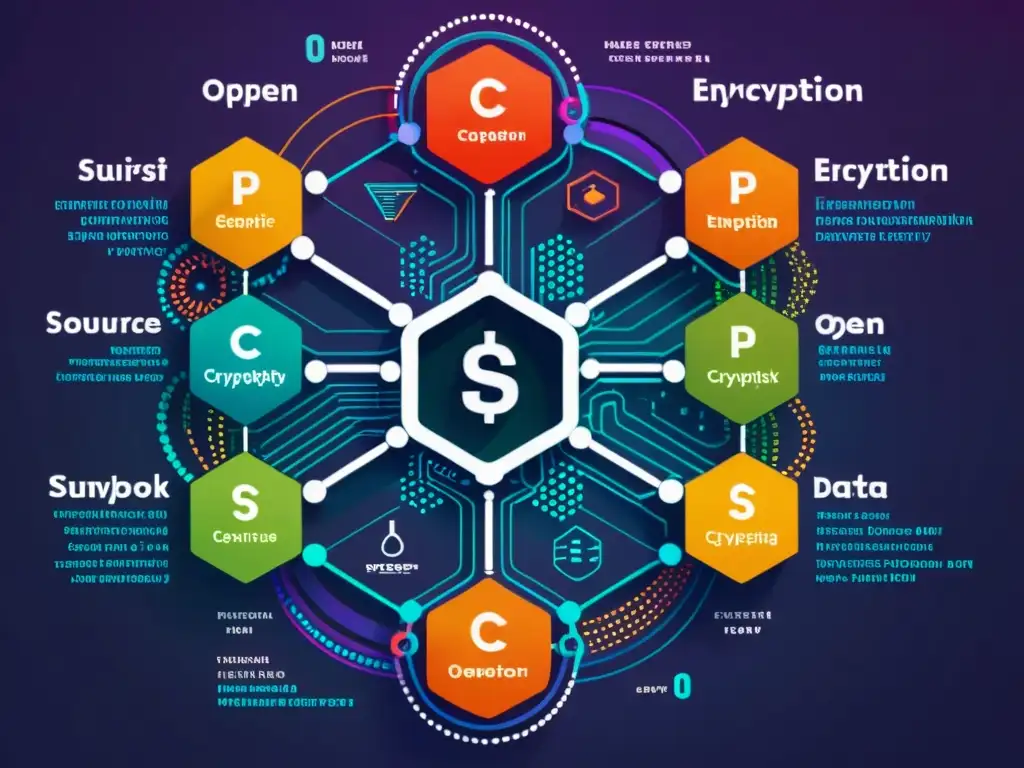 Un diagrama moderno y detallado de un algoritmo de criptografía open source, con nodos interconectados, caminos de datos complejos y colores vibrantes