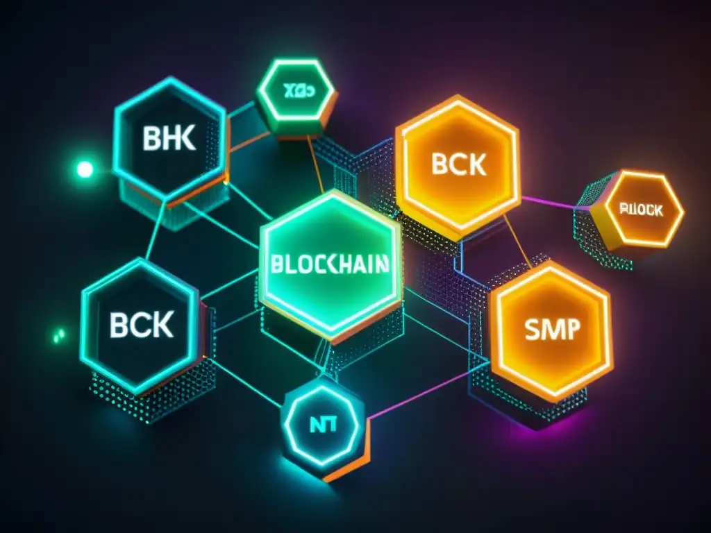 Un diagrama de red blockchain con hexágonos futuristas brillantes y líneas, en colores neón sobre fondo oscuro