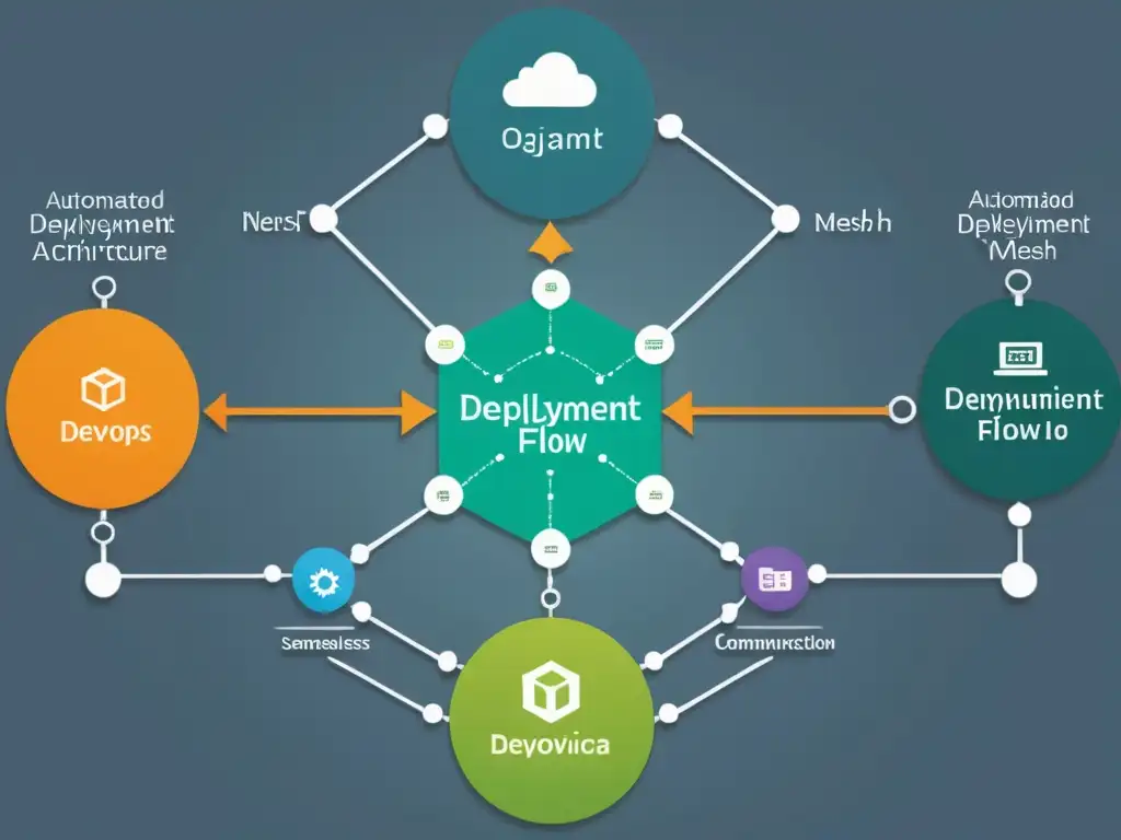 Diagrama de red mostrando el despliegue automatizado y flujo de comunicación de microservicios en arquitectura Service Mesh