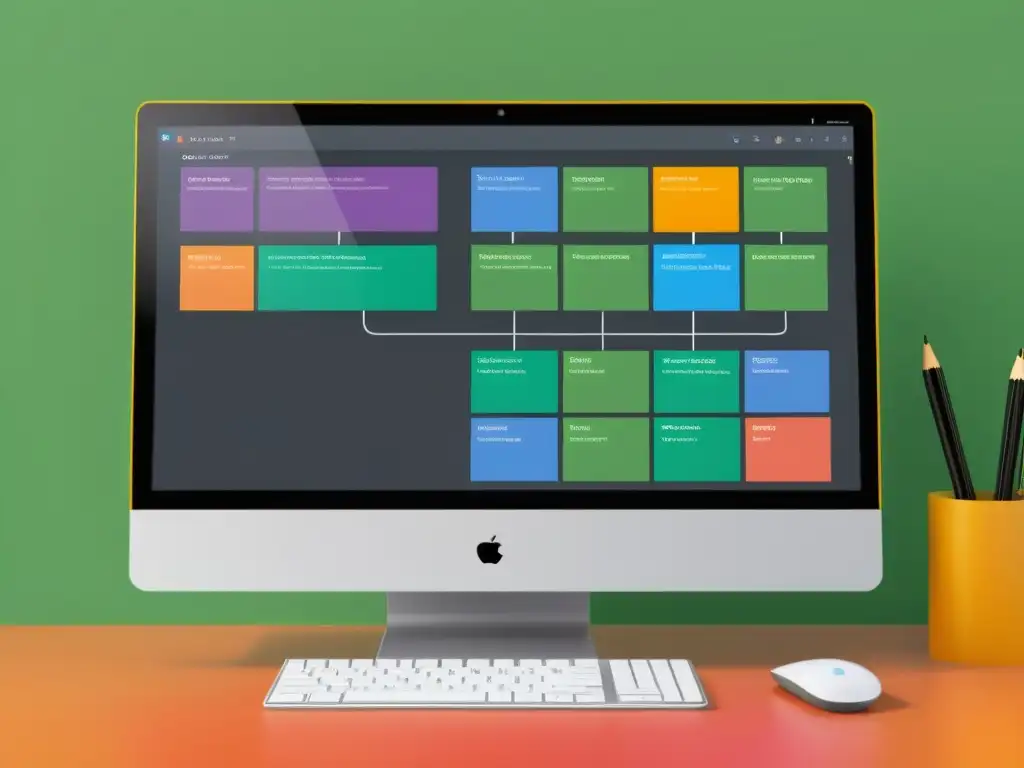 Crear diagramas y flujogramas con LibreOffice Draw: Complejo y visualmente atractivo flujo de trabajo en pantalla de computadora moderna y elegante