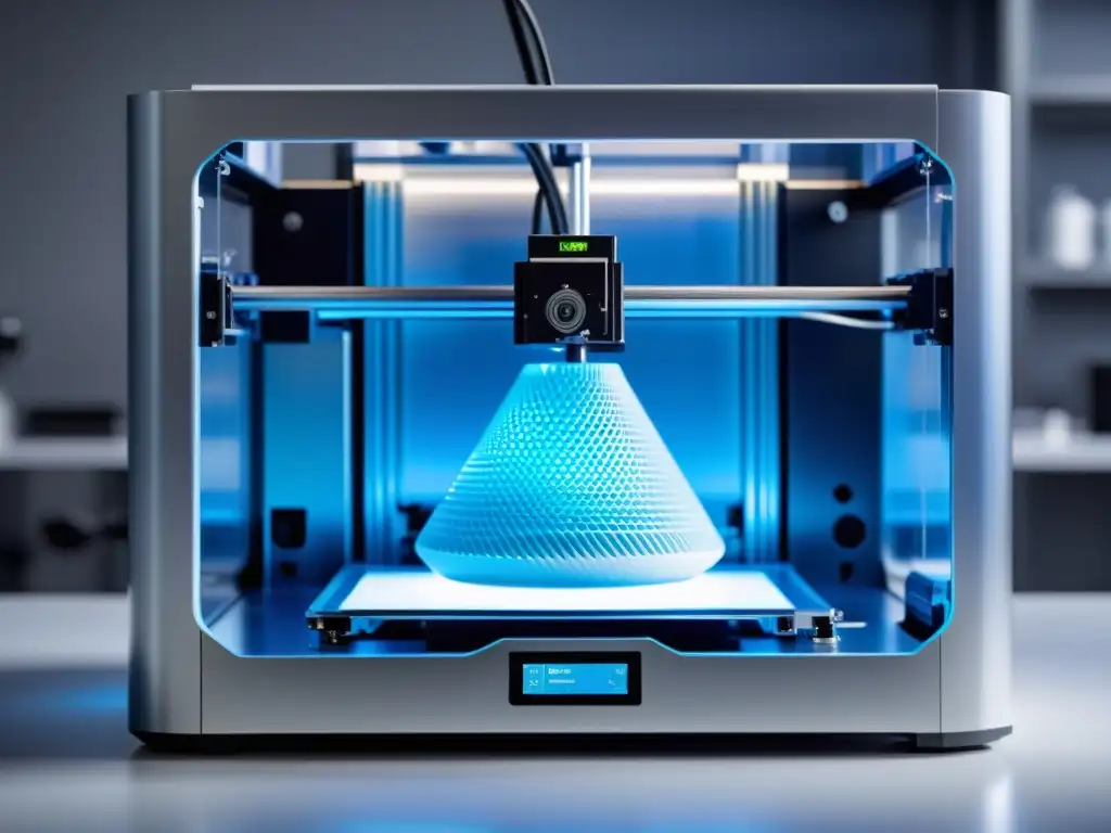 Fabricación digital con impresión 3D Open Source: Una impresora 3D futurista crea un diseño complejo en un ambiente profesional y vanguardista