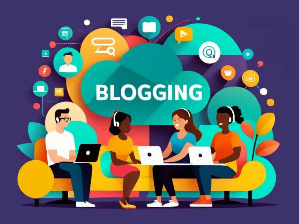 Inclusión digital en plataformas de blogging: diversidad de edades y fondos interactúan con dispositivos, reflejando conexión y empoderamiento