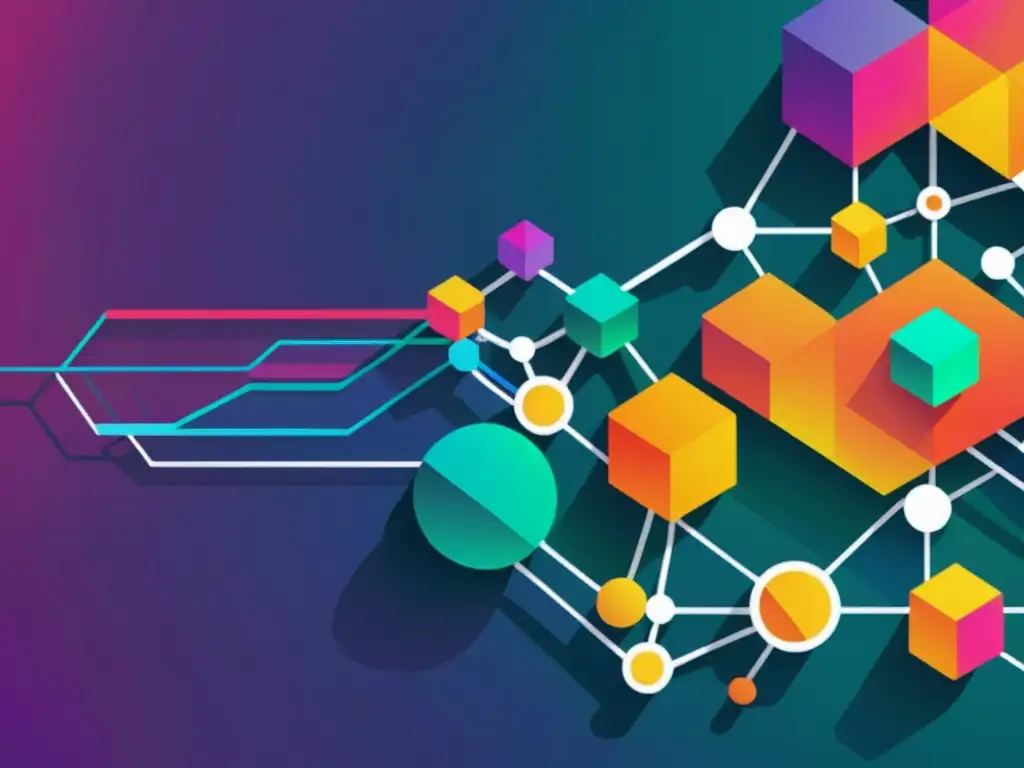 Una ilustración digital vibrante de modelos mixtos de software y código abierto, con formas geométricas coloridas e intrincadas en tonos vibrantes