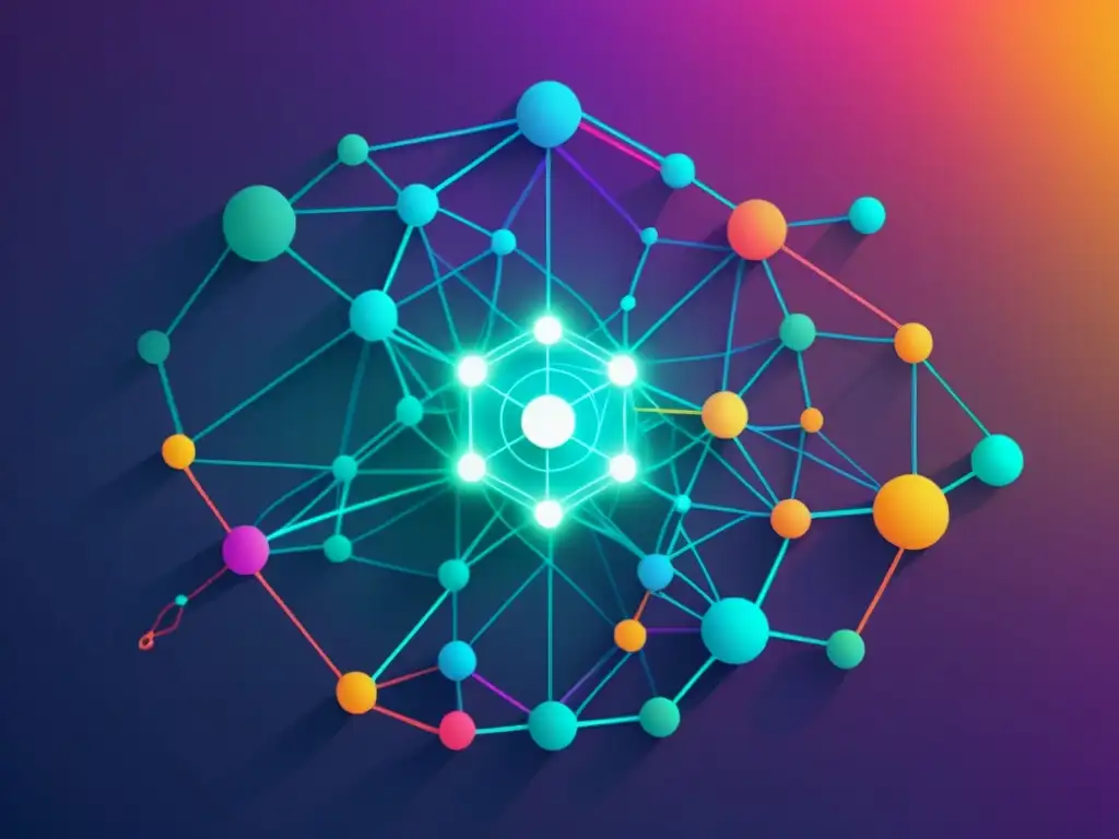 Una ilustración digital vibrante y moderna que muestra una red de nodos interconectados y líneas, simulando una compleja red neuronal