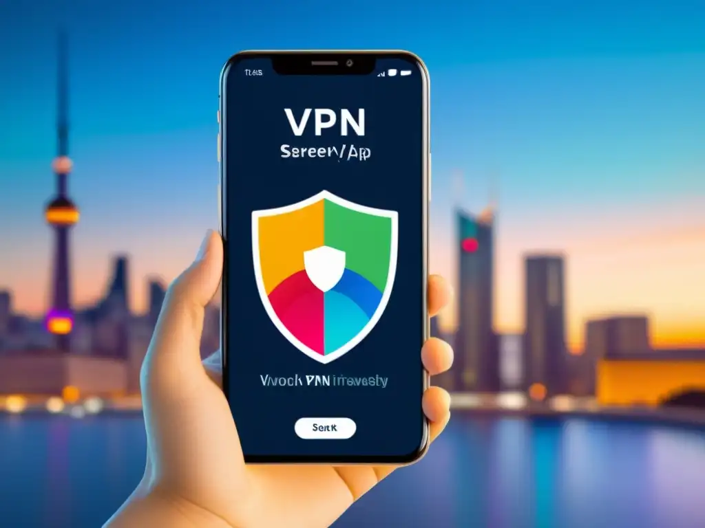 Interfaz dinámica de app VPN de código abierto en smartphone, garantizando seguridad y privacidad para móviles en un entorno futurista