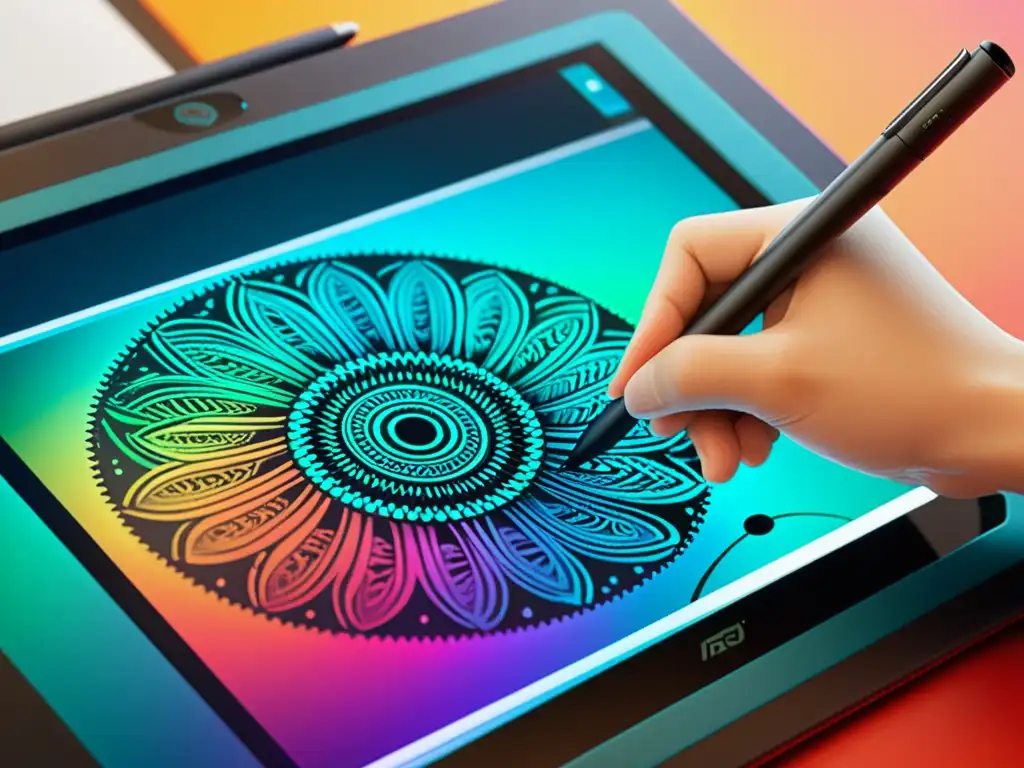 Un diseñador crea arte digital detallado con un lápiz en una tablet de alta resolución