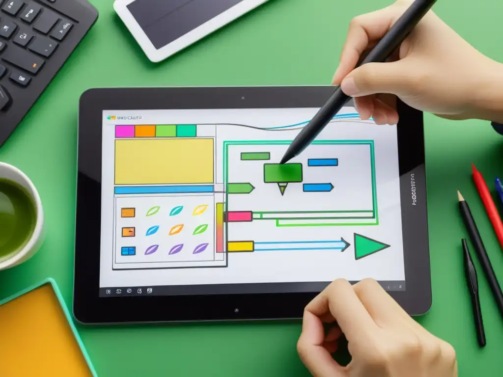 Un diseñador crea diagramas y flujogramas con LibreOffice Draw en una tableta digital, rodeado de herramientas de diseño