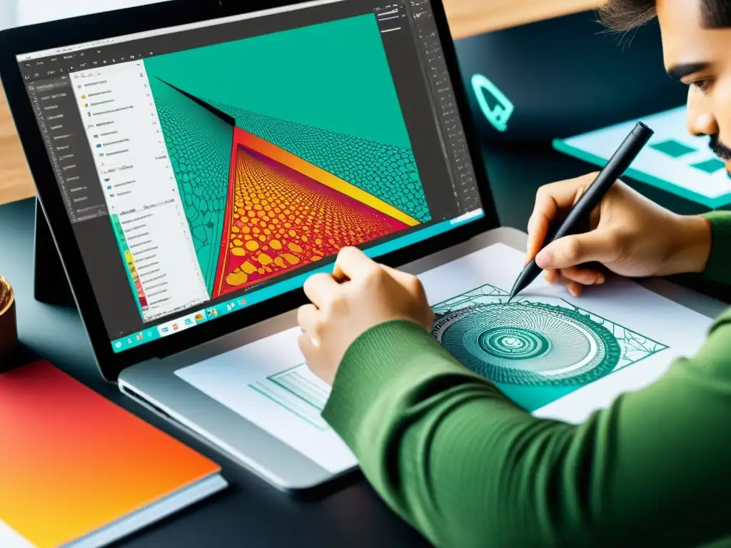 Diseñador gráfico trabajando en una ilustración digital detallada con herramientas de código abierto, mostrando su versatilidad y profesionalismo