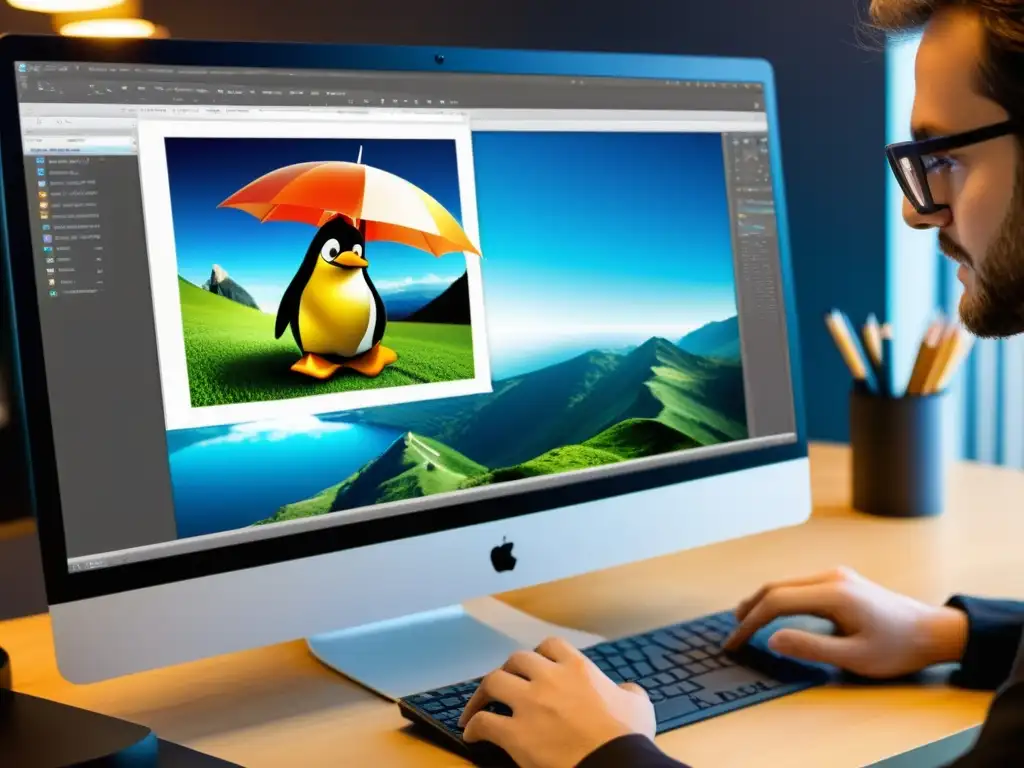 Un diseñador gráfico profesional trabaja en una compleja manipulación de fotos con software de edición de imágenes de código abierto en Linux