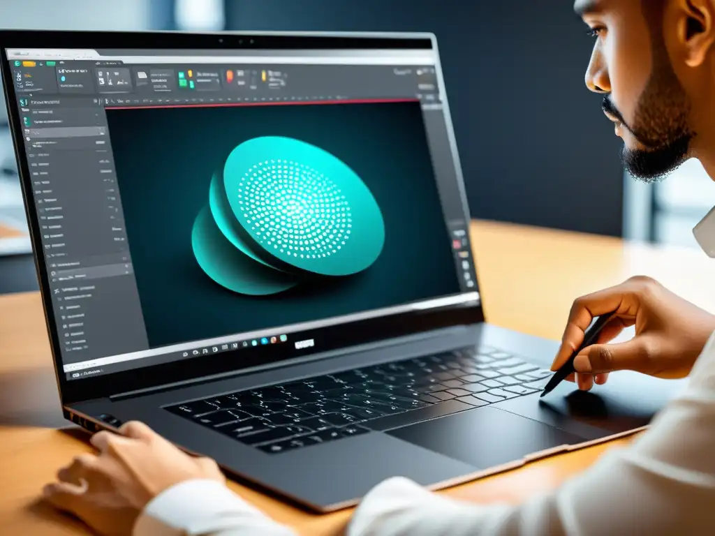 Un diseñador gráfico profesional utilizando herramientas avanzadas de diseño vectorial en un software multiplataforma