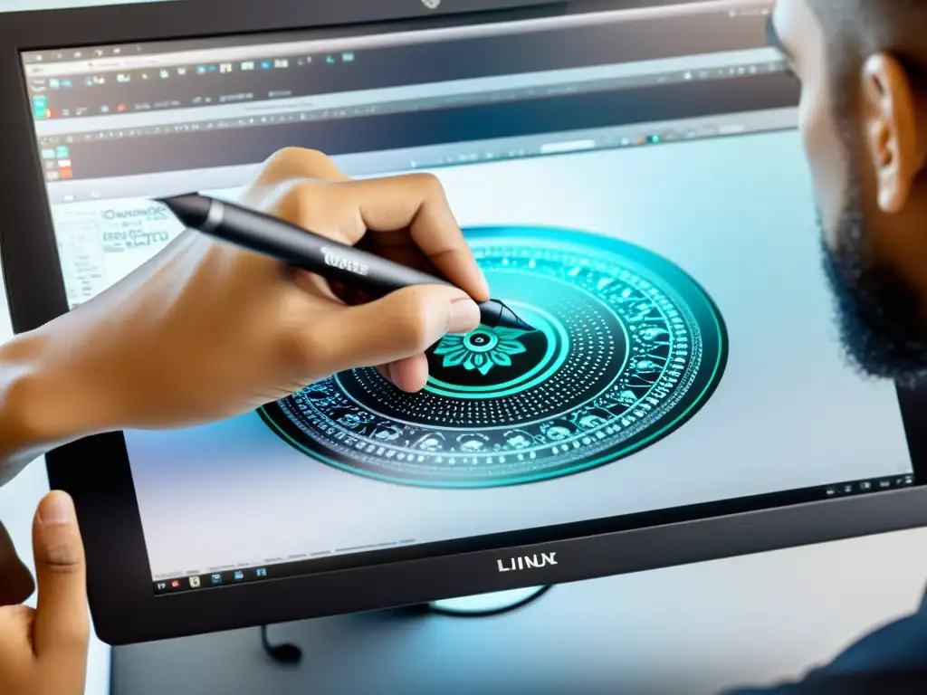 Un diseñador gráfico profesional retoca una ilustración digital detallada en Linux usando alternativas a Photoshop