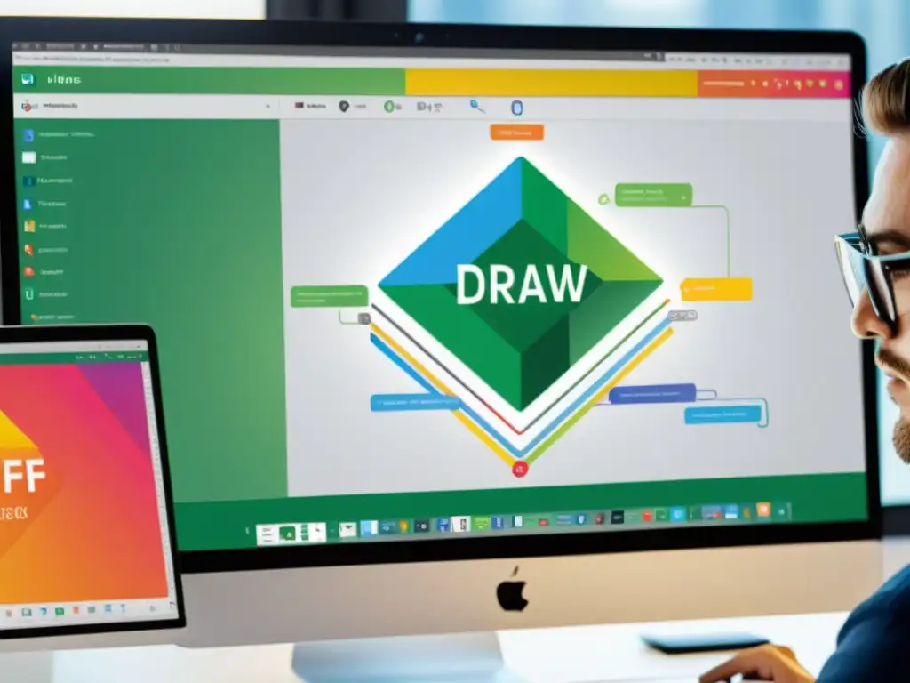 Un diseñador gráfico profesional usando LibreOffice Draw para crear diagramas y flujogramas, rodeado de tecnología de vanguardia