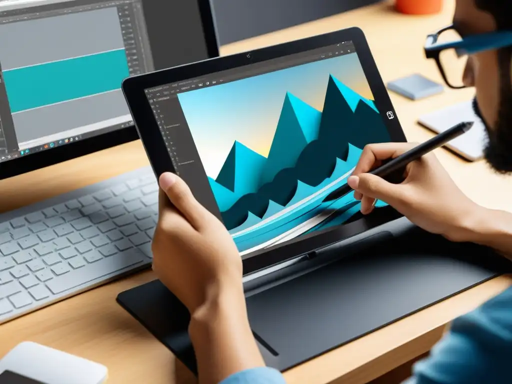 Un diseñador gráfico profesional trabaja en una tableta digital rodeado de interfaces de editores gráficos open source como GIMP, Inkscape y Krita