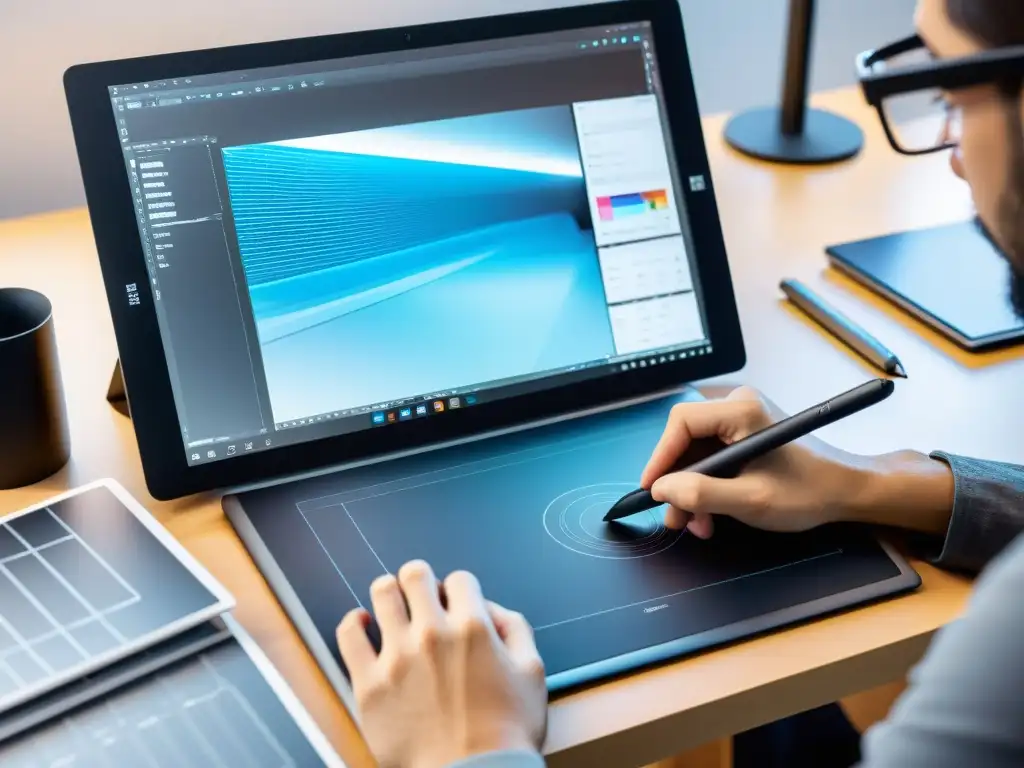 Un diseñador gráfico profesional trabaja con determinación en una tableta digital, rodeado de interfaces de editores gráficos open source en un escritorio moderno y elegante, mostrando la experticia y profesionalismo de los editores gráficos open source professional