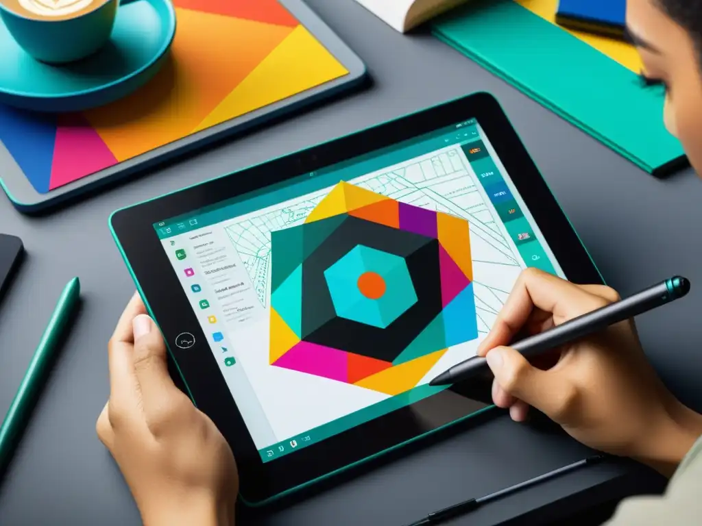 Diseñador usando herramientas de código abierto para crear una ilustración geométrica vibrante en una tableta digital de alta resolución, mostrando la versatilidad y profesionalismo del diseño gráfico con herramientas de código abierto