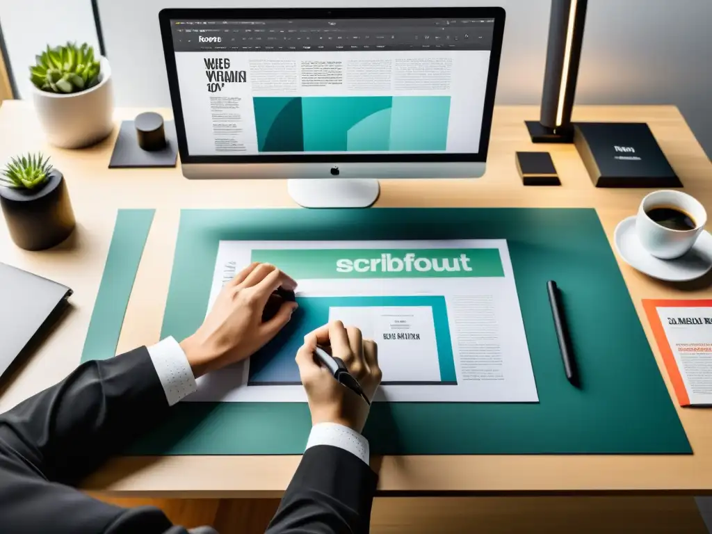 Un diseñador trabaja con Scribus en un moderno diseño editorial con software libre, en un espacio limpio y minimalista