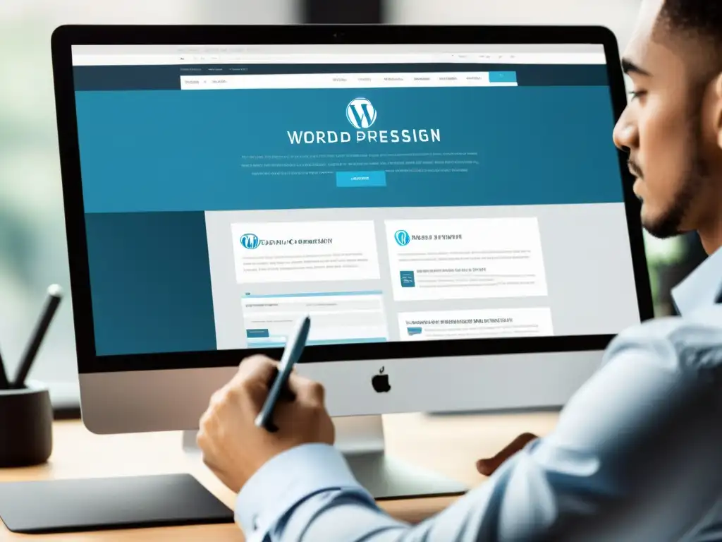 Un diseñador crea un sitio web moderno en WordPress, con un ambiente profesional y minimalista