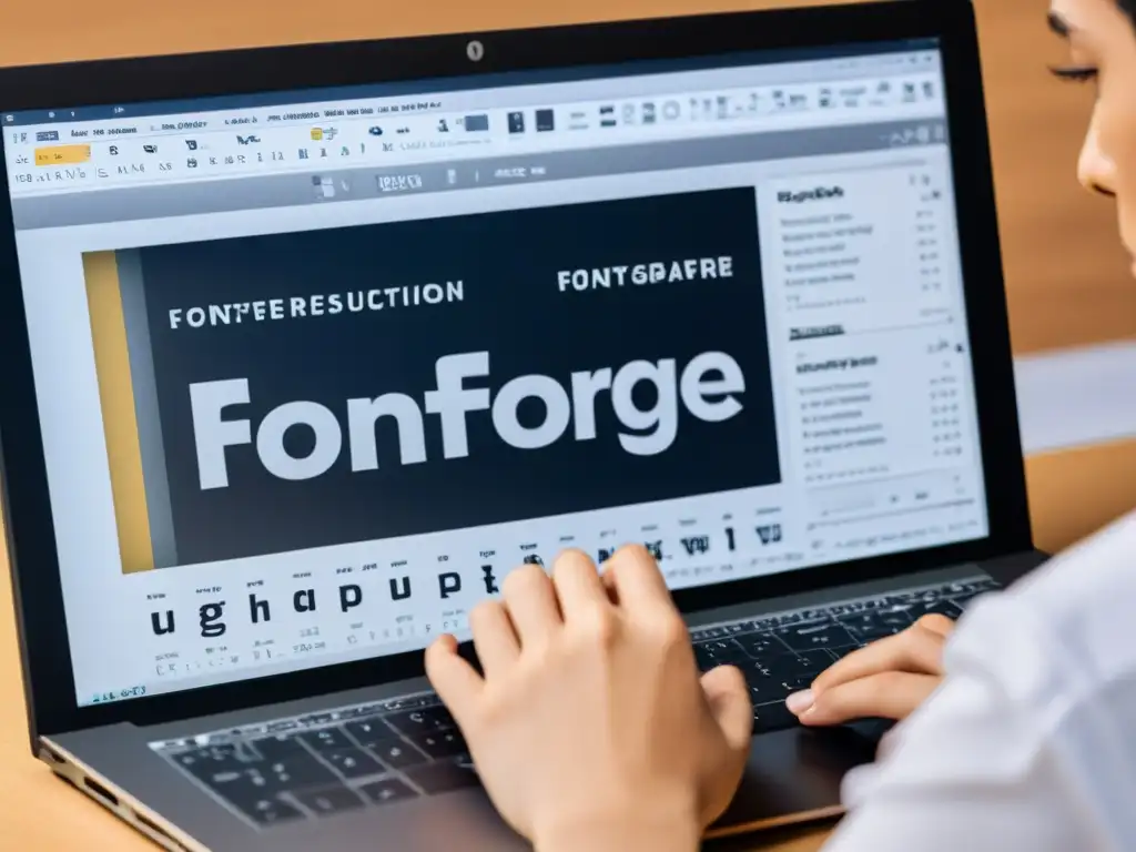 Un diseñador utiliza el software FontForge para editar tipografías, rodeado de herramientas de diseño